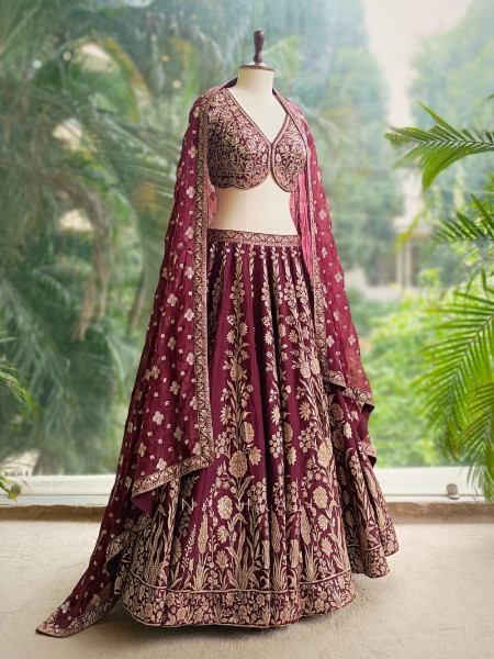 Vistara Maroon Silk Brocade Bridal Lehenga with Zari Embroidery