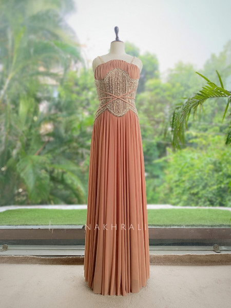 Inaya Brown Pleated Chiffon Indo-Western Gown