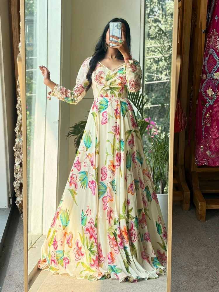 Image of Ivana Ivory Floral Anarkali Set with Embellished Dupatta