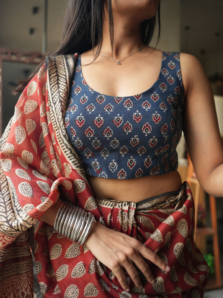 Dori Blue Block Printed Blouse with Dori Back