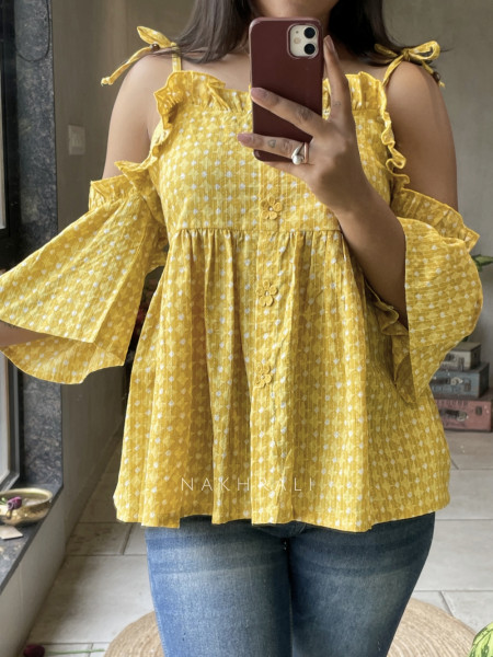 Chic Cascade Yellow Color Printed Short Top with Ruffle Sleeves