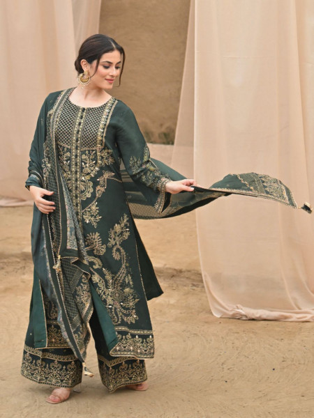 Olive Whisper Green Kurta Palazzo Set with Zari and Gota Patti Work