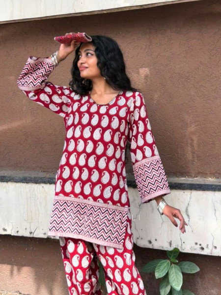 Elvarya Red Cotton Block Print Kurti with Farsi Salwar Set