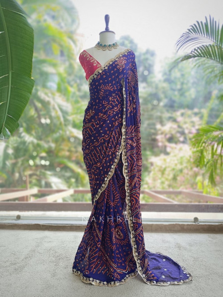 Mehrang Navy Blue Bandhani Saree with Gota Border