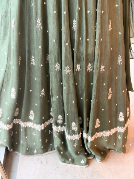 Reem Mehndi Green Anarkali Suit Set With Zari Sequin Yoke Work