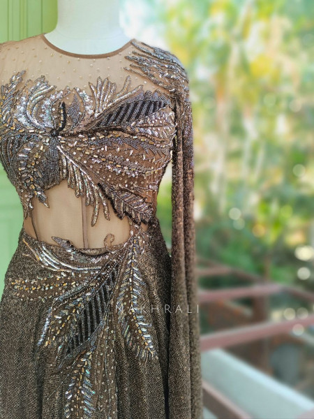 Ilyra Brown Embellished Drape Gown with Cape Detail