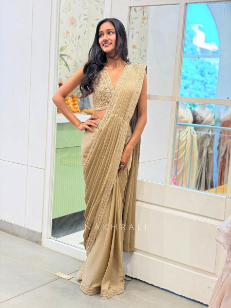 Wryna Beige Drape Saree with Embroidery Mirror Work