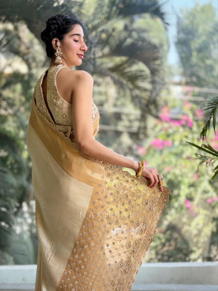 Aarshika Beige Silk Saree with Gota Zari Pallu
