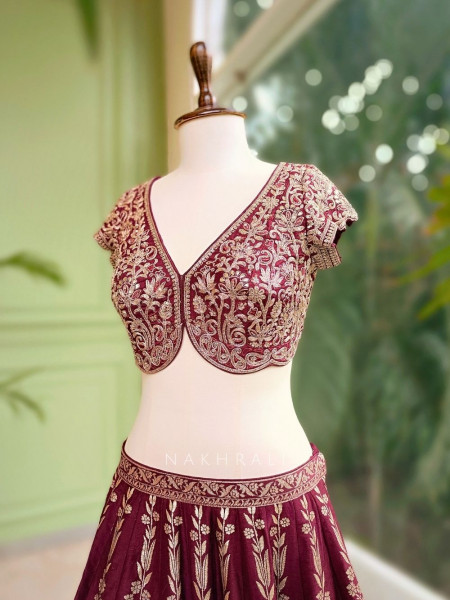 Vistara Maroon Silk Brocade Bridal Lehenga with Zari Embroidery