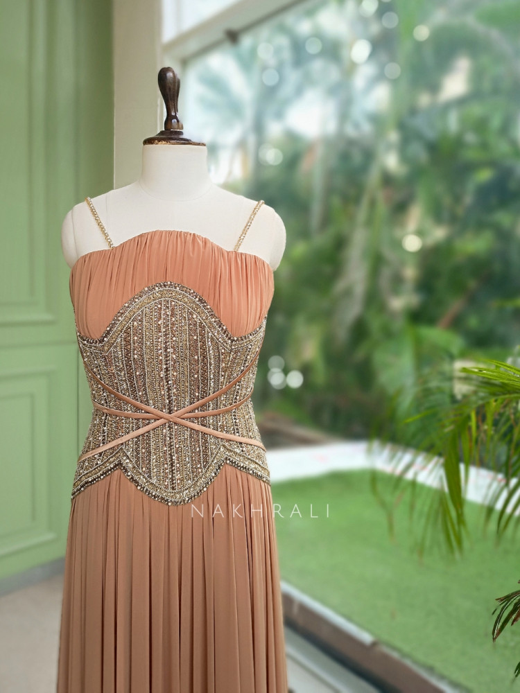 Image of Inaya Brown Pleated Chiffon Indo-Western Gown