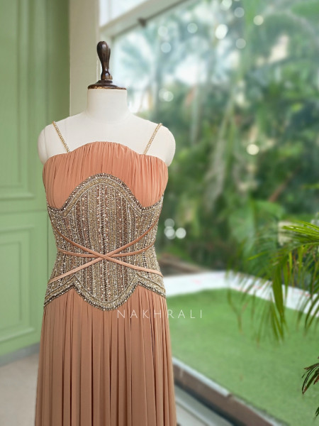 Inaya Brown Pleated Chiffon Indo-Western Gown