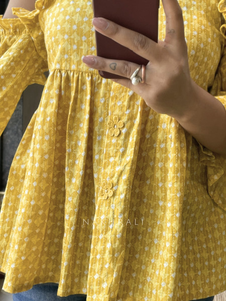 Chic Cascade Yellow Color Printed Short Top with Ruffle Sleeves