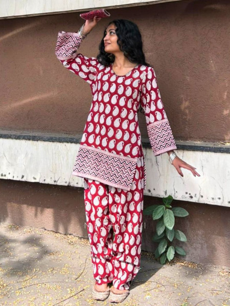 Elvarya Red Cotton Block Print Kurti with Farsi Salwar Set