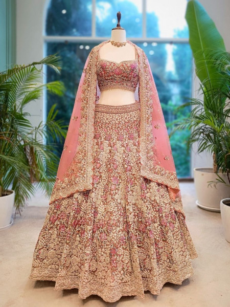 Rosaria Pink Bridal Lehenga with Zari & Sequin Embroidery