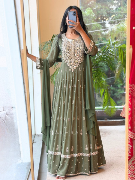 Reem Mehndi Green Anarkali Suit Set With Zari Sequin Yoke Work