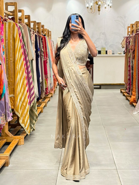 Wryna Beige Drape Saree with Embroidery Mirror Work