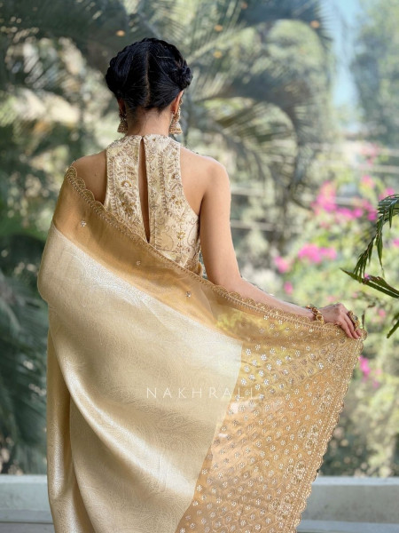 Aarshika Beige Silk Saree with Gota Zari Pallu