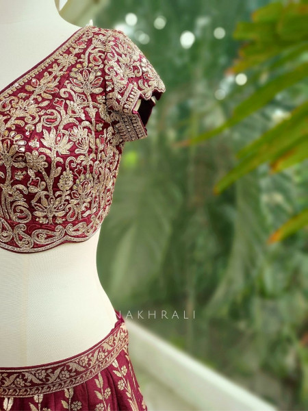 Vistara Maroon Silk Brocade Bridal Lehenga with Zari Embroidery