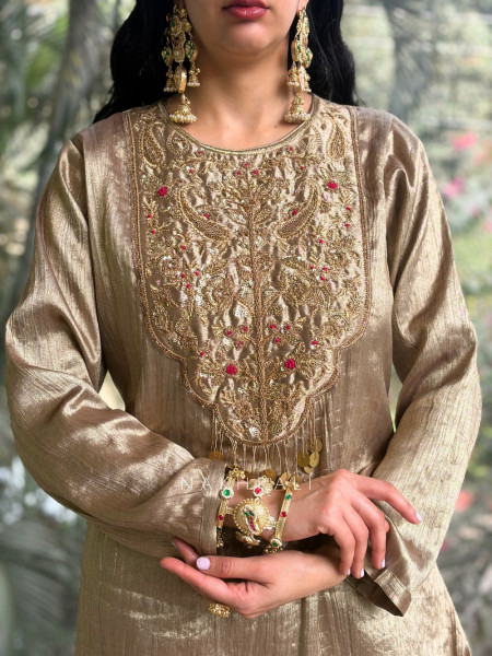 Pravya Golden Suit Set with Embroidered Front Work