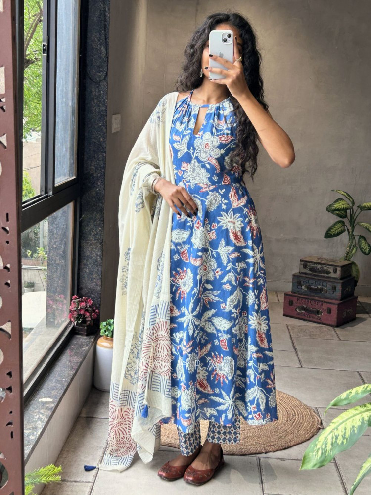 Image of Mehira Blue Anarkali Suit Set with Floral Print