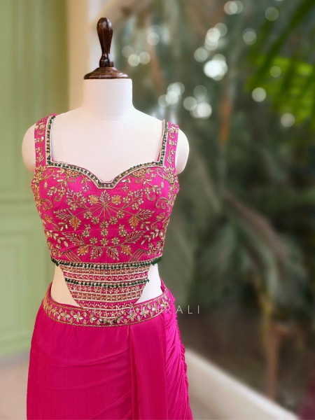 Navira Magenta Indo Western Draped Dress with Zari Cut Dana and Sequin Work