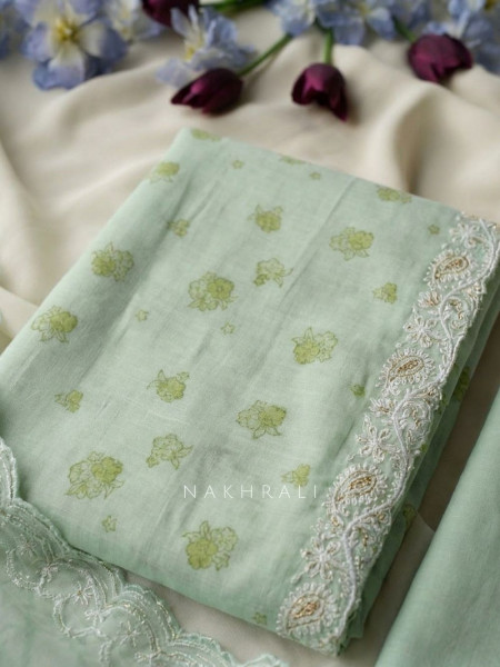 Roselune Pista Green Floral Printed Dress Material with Embroidered Border