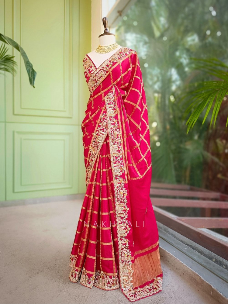 Image of Kavira Red Saree with Zari Embroidered Border