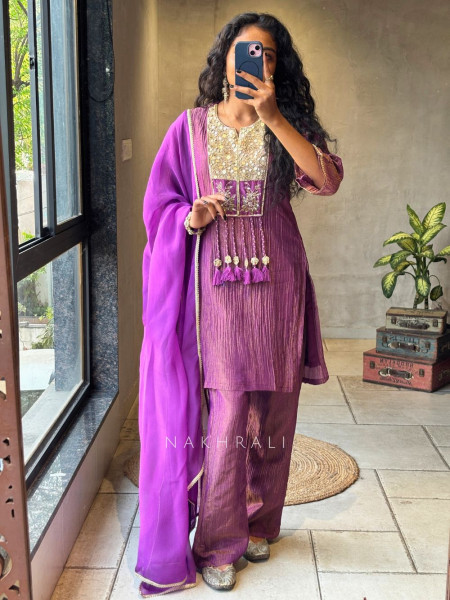 Zivika Purple Suit Set with Embroidered Kurta and Dupatta