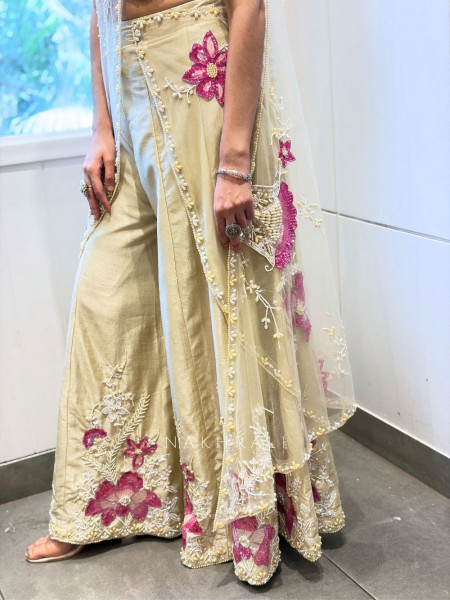 Cressa Cream Crop Top Palazzo Set with Floral Sequin Beads Pearl Work