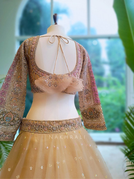 Hazel Grace Brown Net Lehenga with Embroidery & Zari Work