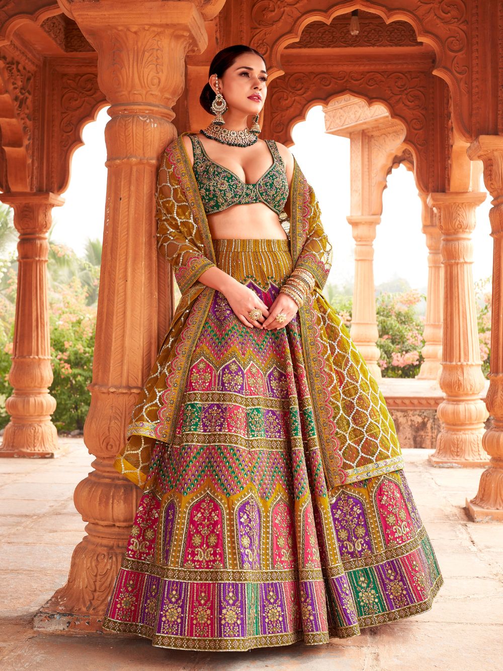 Zayna Multicolour Silk Bridal Lehenga with Mirror Embroidery
