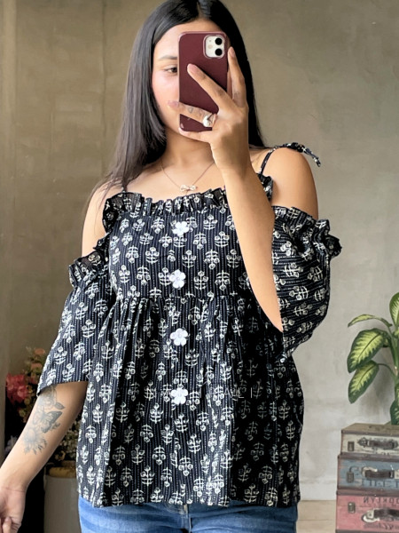 Chic Cascade Black & White Color Printed Short Top with Ruffle Sleeves