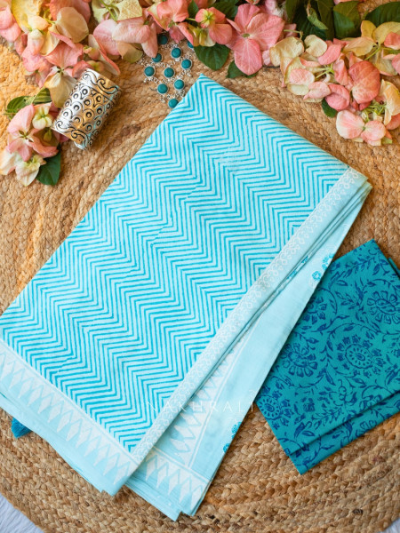 Neerja Sky Blue  Block Printed Cotton Saree