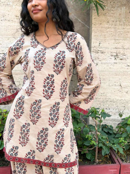 Elvarya Beige Cotton Block Print Kurti with Farsi Salwar Set