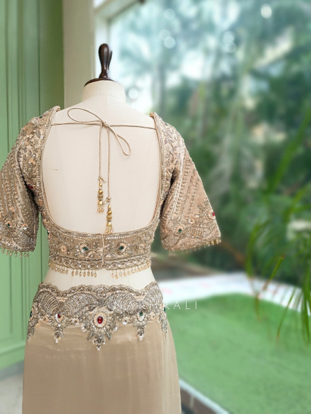 Saanvika Beige Organza Satin & Silk Satin Saree with Readymade Blouse