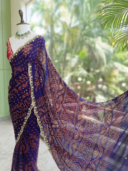 Mehrang Navy Blue Bandhani Saree with Gota Border