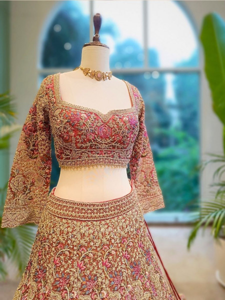 Rosaria Pink Bridal Lehenga with Zari & Sequin Embroidery