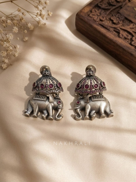 Gajmoti Silver Oxidised Earrings With Elephant Motif & Stone Detail