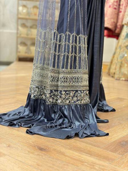 Adorn Blue Indo Western Dhoti Skirt Set with Cut Dana Sequin Work