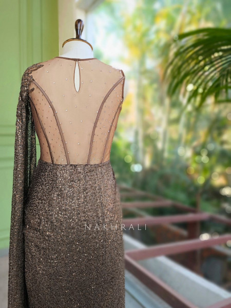 Ilyra Brown Embellished Drape Gown with Cape Detail
