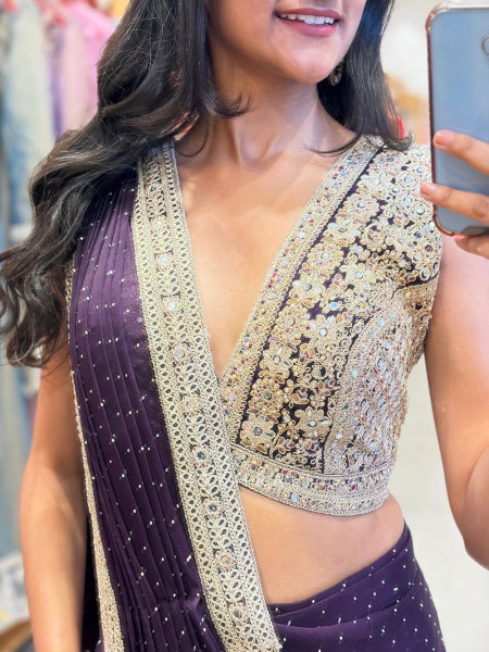 Wryna Wine Drape Saree with Embroidery Mirror Work