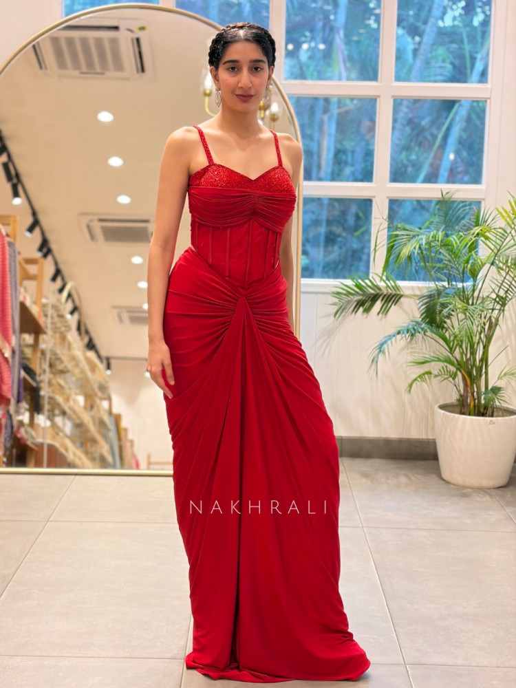 Image of Maison Royal Red Crop Top Skirt Set with Cut Dana Work