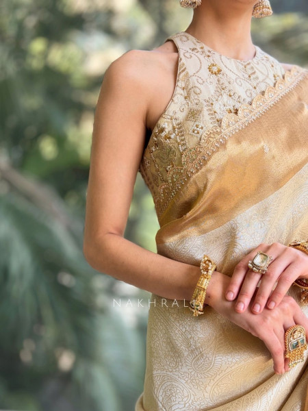 Aarshika Beige Silk Saree with Gota Zari Pallu