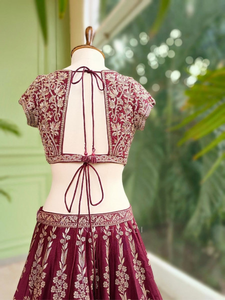 Vistara Maroon Silk Brocade Bridal Lehenga with Zari Embroidery