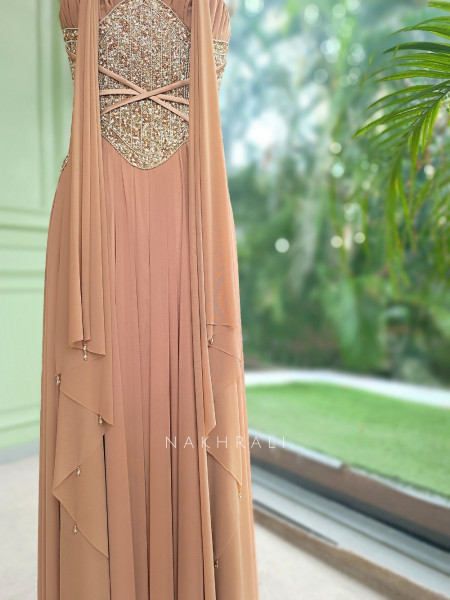 Inaya Brown Pleated Chiffon Indo-Western Gown