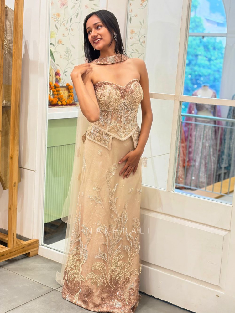 Image of Serenity Golden Crop Corset Lehenga with Cut Dana Work