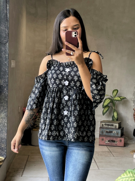 Chic Cascade Black & White Color Printed Short Top with Ruffle Sleeves