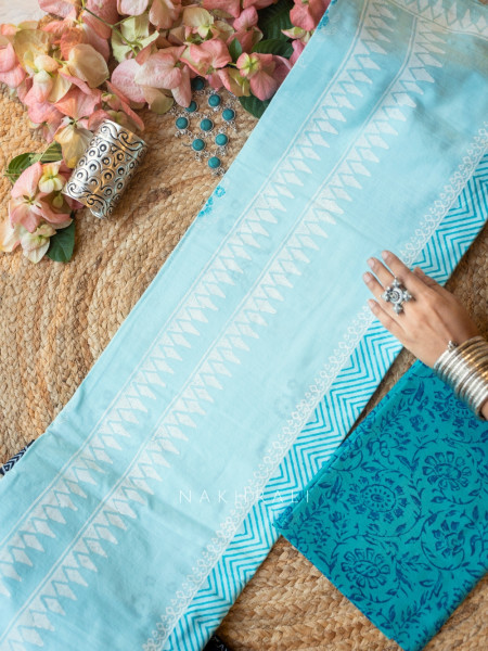 Neerja Sky Blue  Block Printed Cotton Saree