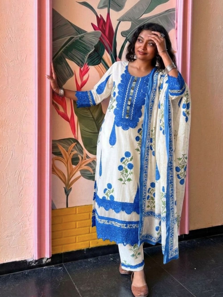 Image of Serene Earth Blue Crochet Palazzo Suit