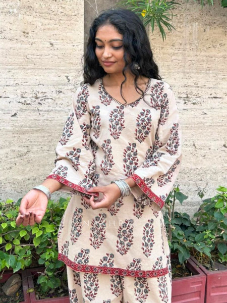Elvarya Beige Cotton Block Print Kurti with Farsi Salwar Set